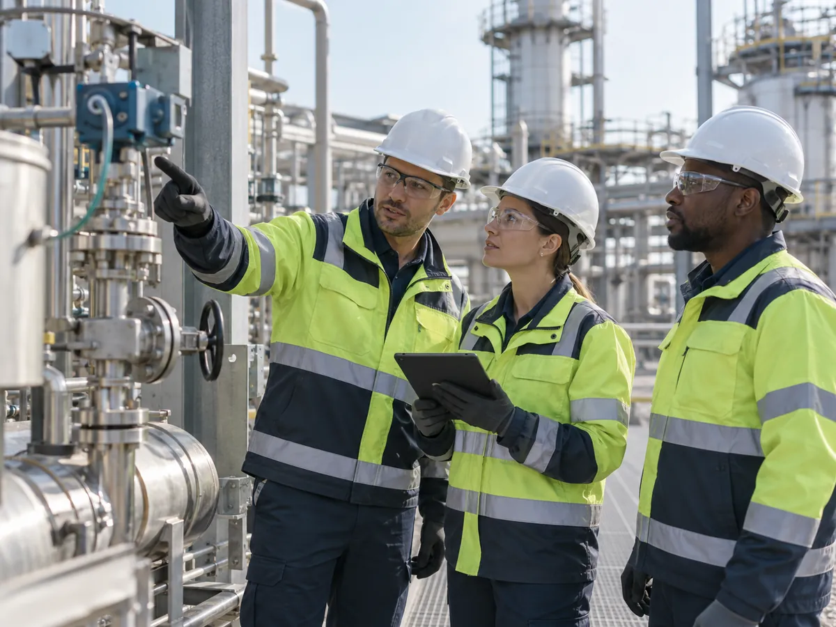 Engineers inspecting a modern industrial process facility